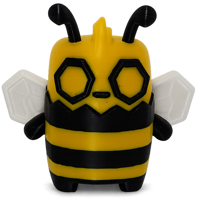 A small bee-shaped figurine or toy with a yellow and black striped body, black antennae, and white wings, centered on a plain white background.